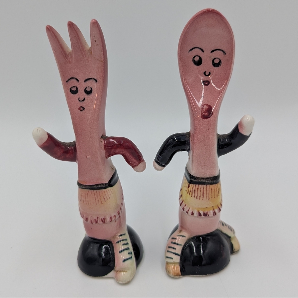 Vintage Anthropomorphic Salt Pepper Shakers Fork Spoon Pink Black Japan 1950 MCM